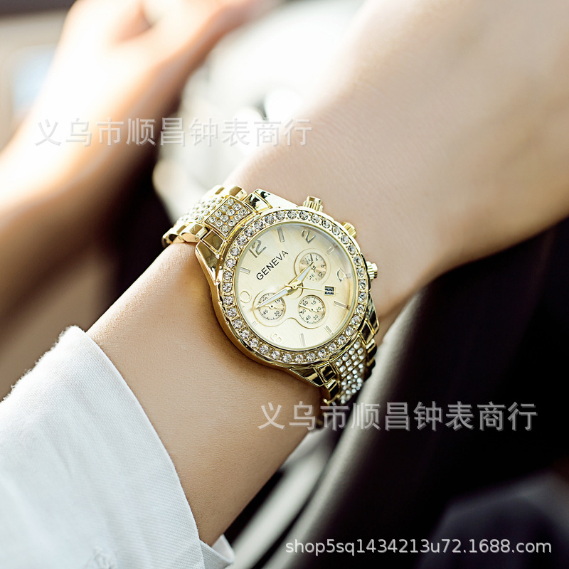 Hot selling women's watch GENEVA watches men's diamond three eyes steel belt calendar watch manufacturers wholesale spot Specification drawing
