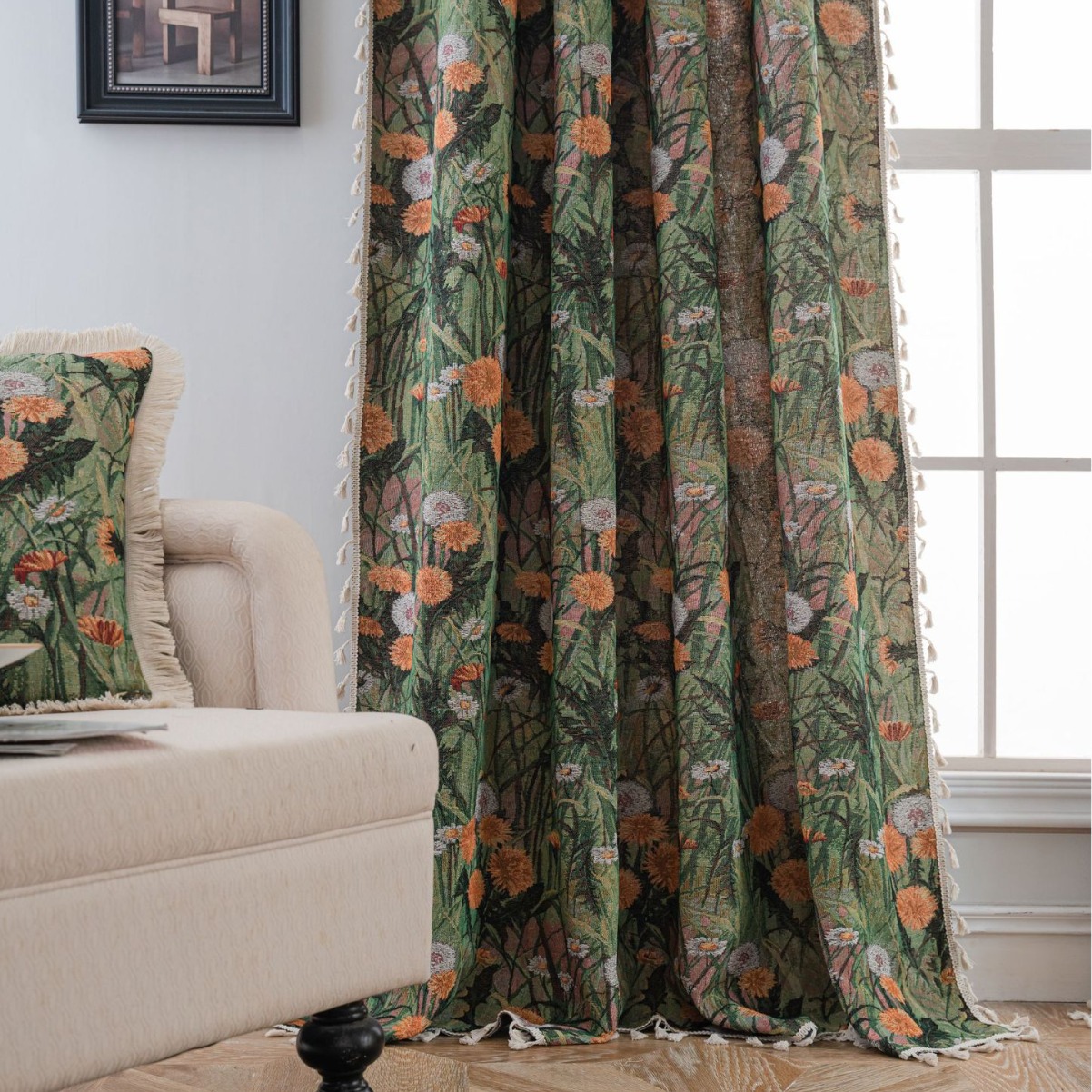 Factory direct supply of French retro finished curtains, green dandelion jacquard fully blackout and heat-insulating curtains for living rooms and bedrooms Specification image