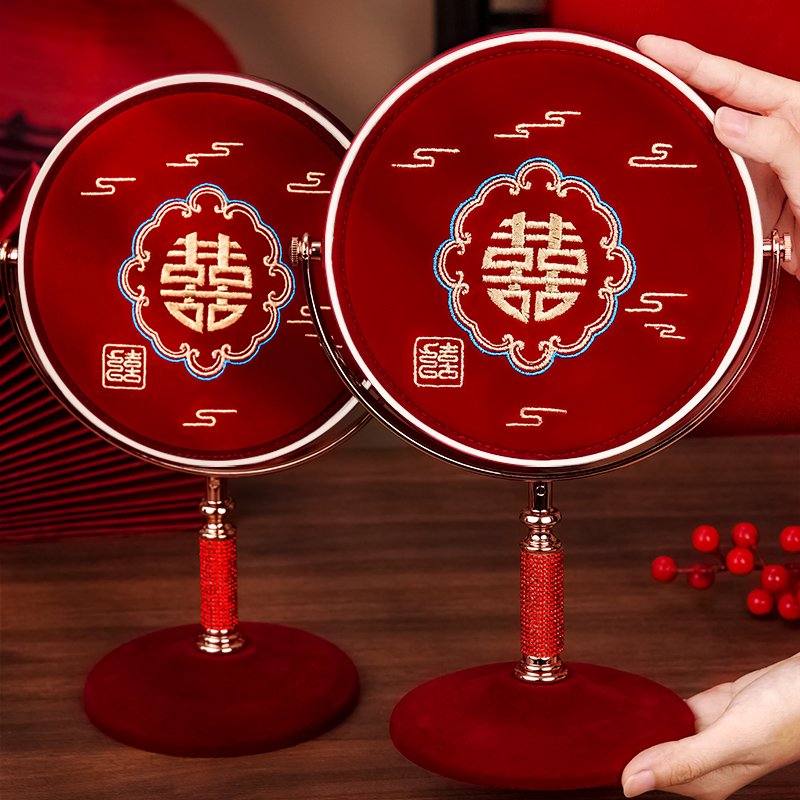 结婚陪嫁刺绣化妆镜礼盒一对红色新娘出嫁喜女方嫁妆婚庆用品大全详情图2
