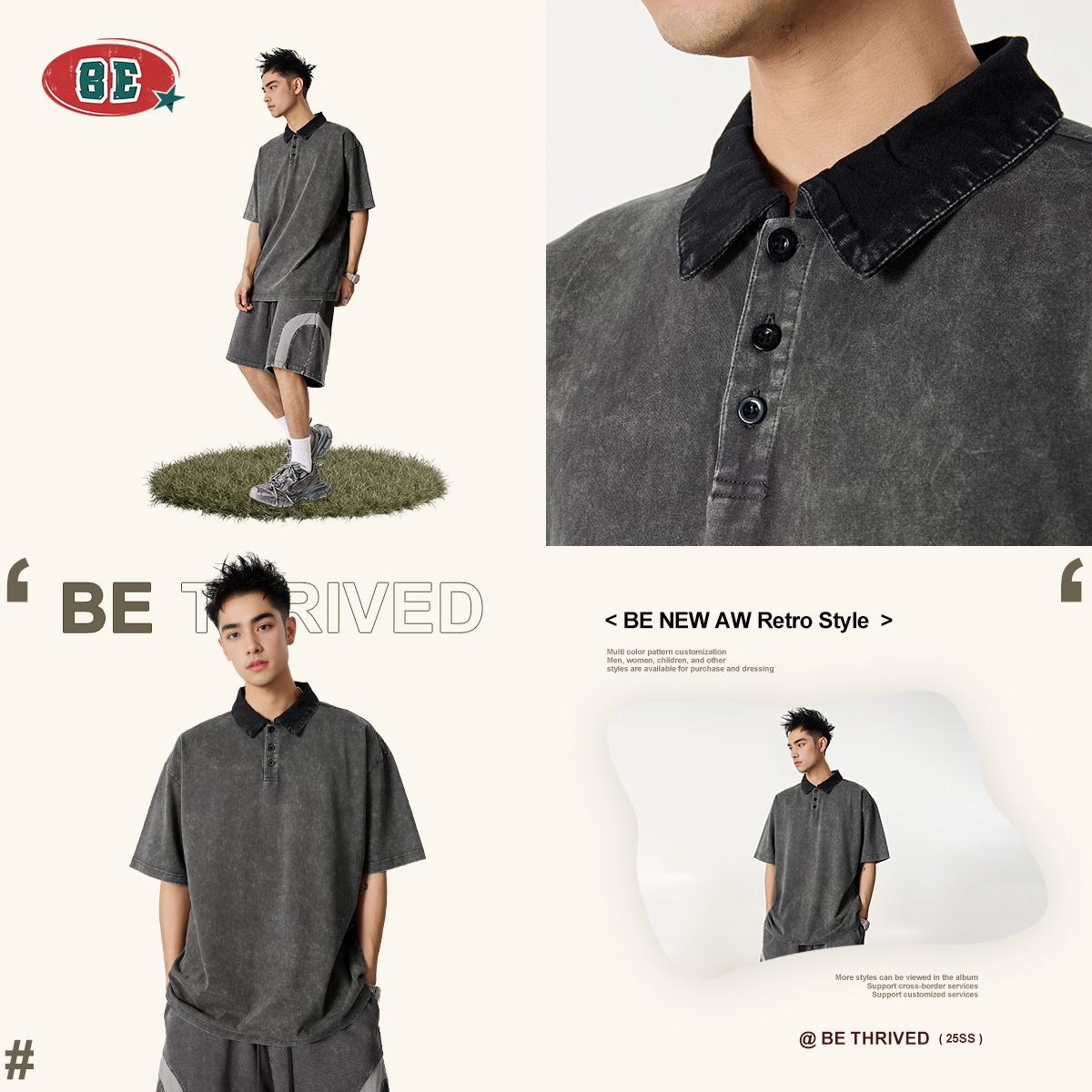 BE Men's Wear 2025 Summer American retro high-end POLO shirt Men's T-shirt Loose color contrasting lapel short-sleeved men Specification image