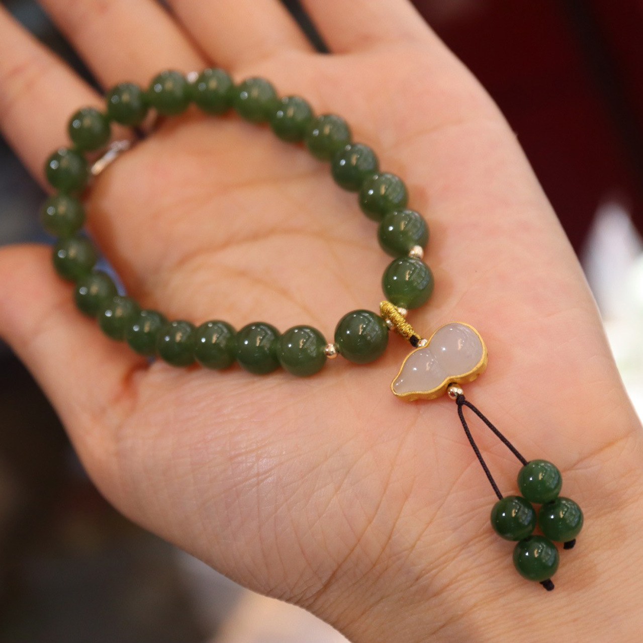 New 8MM jade bracelet, 925 silver gold-plated gourd bracelet, light luxury and niche design, ancient-style bracelet gift details Picture
