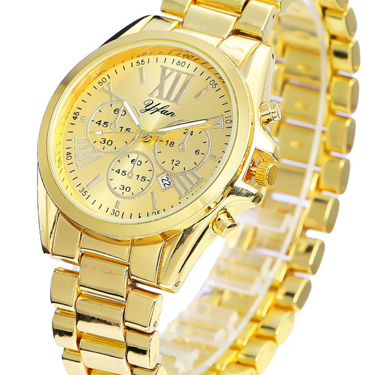 New fashionable steel band couple watch, business band calendar, simple three-eye design, waterproof gift quartz watch Item Picture