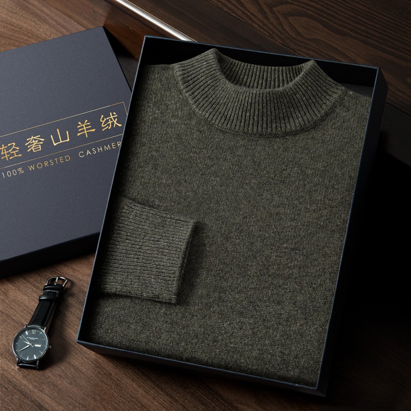 A 7-stitch thickened semi-high neck solid color cashmere sweater for men, a fashionable and simple light business knitted sweater as a base layer, a pullover sweater