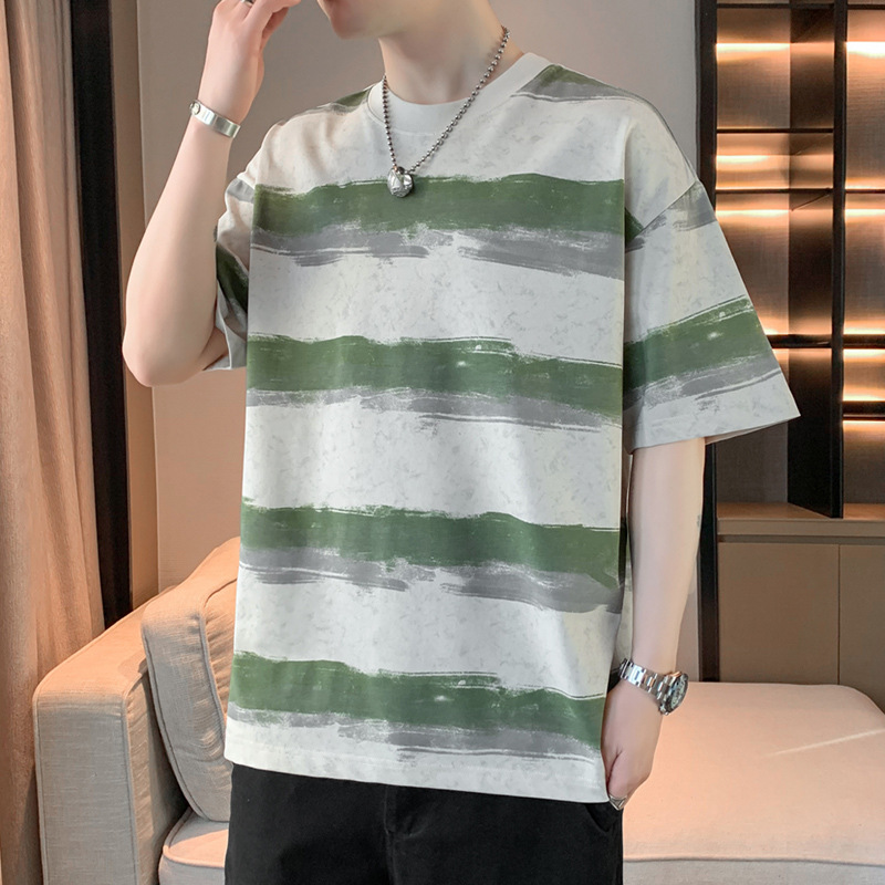 Loose and casual short-sleeved T-shirt, men's round-neck striped summer thin half-sleeved base layer, men's trendy cotton top details Picture