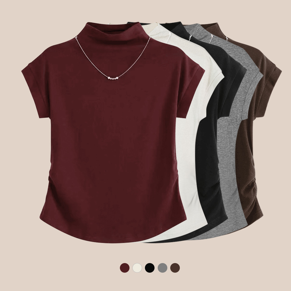 New women's tops for 2025: Semi-high neck women's T-shirt, women's short sleeves, autumn style, straight shoulders, flying sleeves, cinched waist, slimming full figure