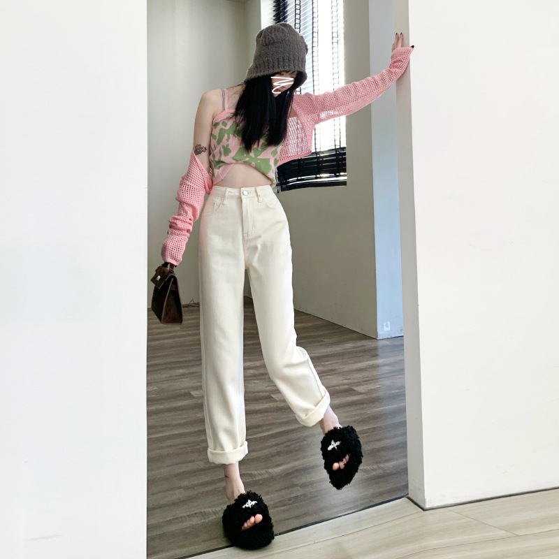 Beige straight-leg jeans for women with high waists, 2025 new dad beige slim cigarette tube pants for summer