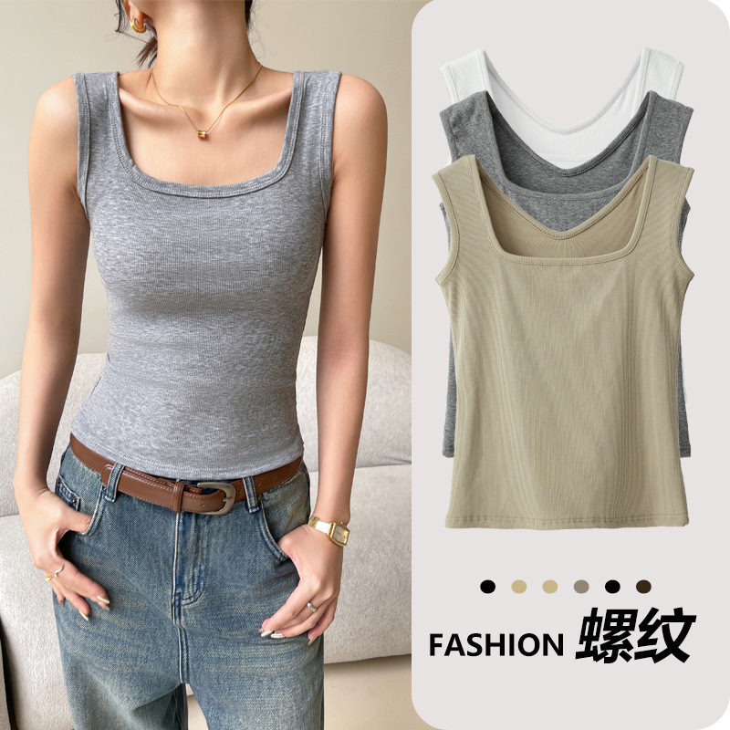 A large-sized women's screw-knit square neck base vest with a small halter top for a high-end sleeveless top in spring and summer