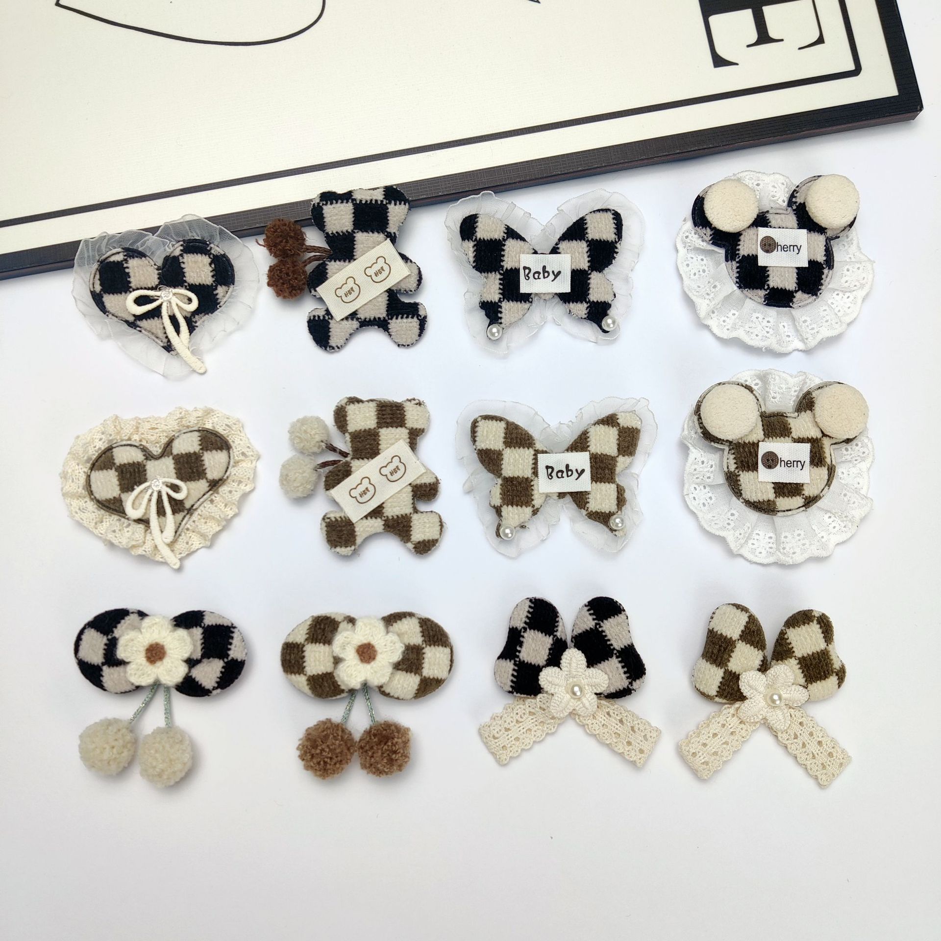 黑白格子布艺网纱花边小熊桃爱心布贴 DIY发夹服装配件蝴蝶结辅料