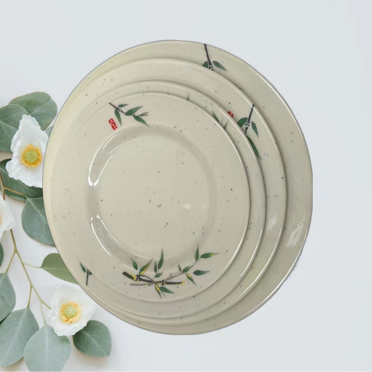 Melamine creative ancient-style round plate, round bowl, vegetable plate, cold dish, snack plate, plastic flat plate, pastry plate for commercial use Item Picture