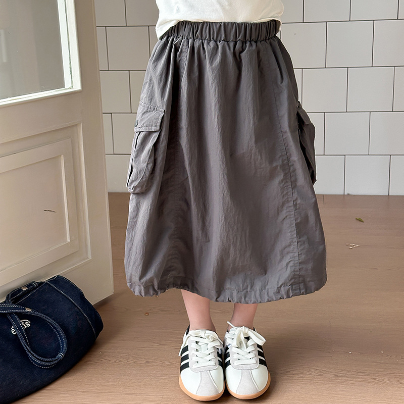 Aimobeibei Girls' Korean version pocket workwear Dress 2025 Spring New Style Children's casual mid-length skirt Specification image