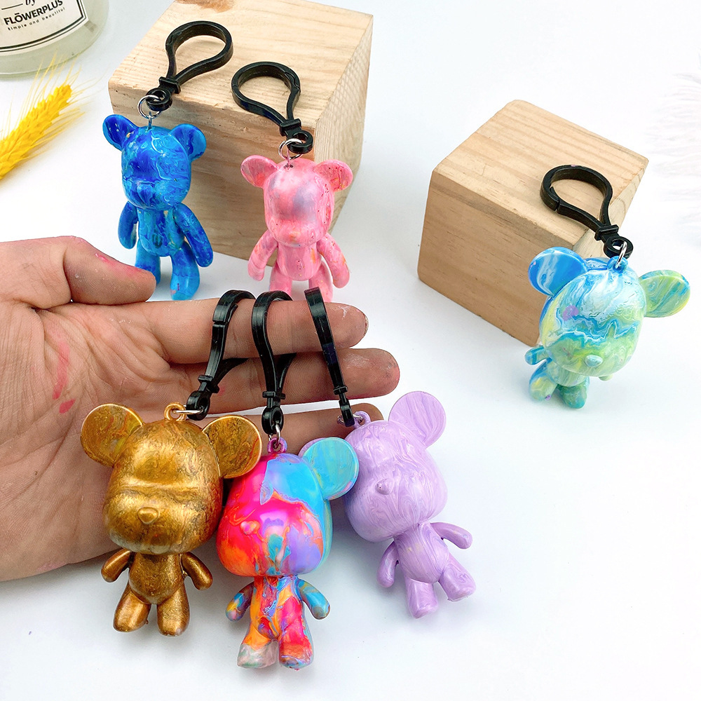 抖音流体熊钥匙扣熊大头熊钥匙扣手工diy上色小熊颜料亲子流体画