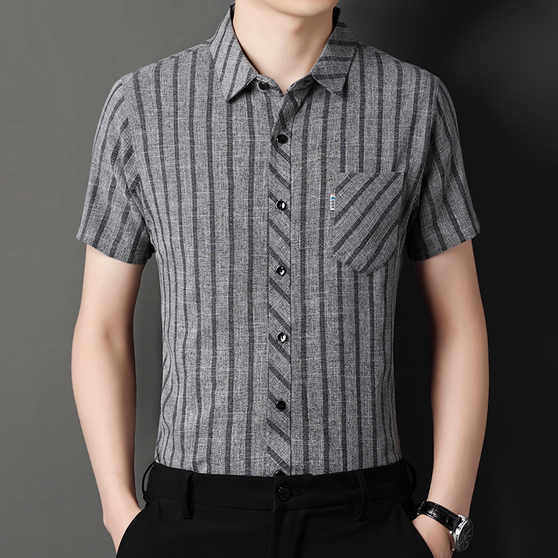 Men's summer striped short-sleeved linen cotton shirt in stock, middle-aged and young striped thin fit true pocket lapel shirt Specification image