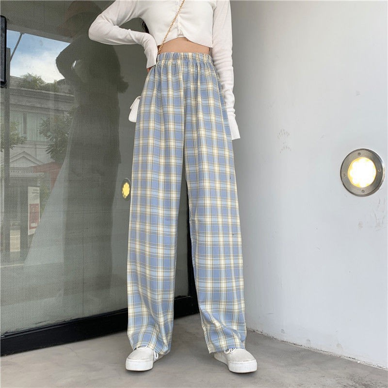 Wholesale of ice silk plaid pants, women's autumn drape straight-leg pants, cross-border loose pajama pants, thin high-waisted plaid wide-leg pants Application Scenario