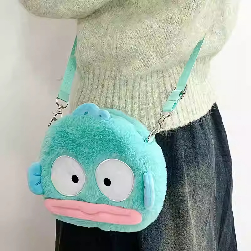 Wholesale of genuine Sanrio cute cartoon half-fishman plush crossbody bags and ugly fish coin purges for daily travel details Picture
