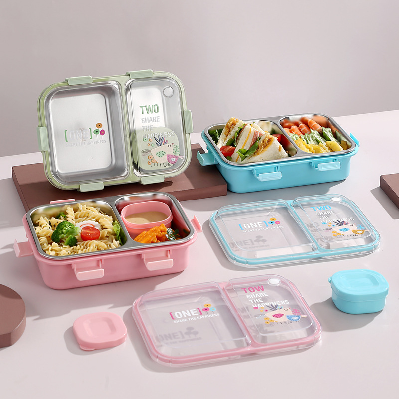 New stainless steel plates with dipping sauce boxes for students, light food sealed compartments, lunch boxes, square plastic lunch boxes Specification image