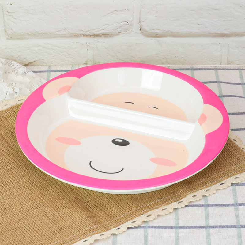 Children's Tableware Melamine Plate Tableware Plate Two Grid Plates Cartoon Cute Monkey Grid Without Flavor Plate Wholesale details Picture