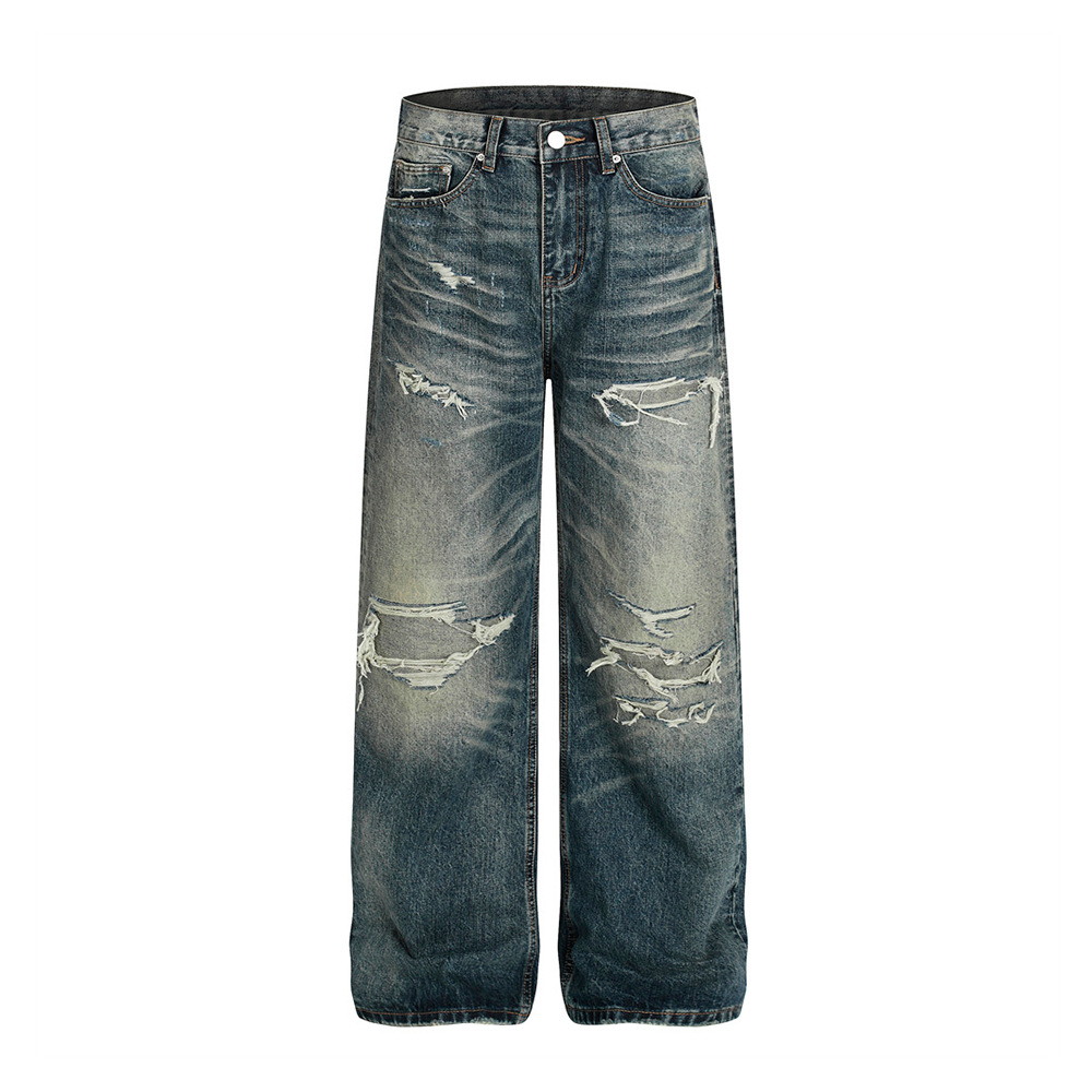 Punk ripped washed jeans, retro embossed distressed wide-leg loose straight-leg trousers, men's gradient color niche