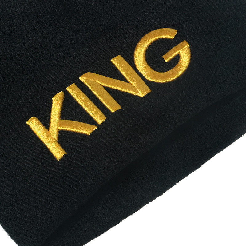 European and American export KING embroidered knitted hat, brim cap, QUEEN pullover hat, couple winter women's woolen hat Item Picture