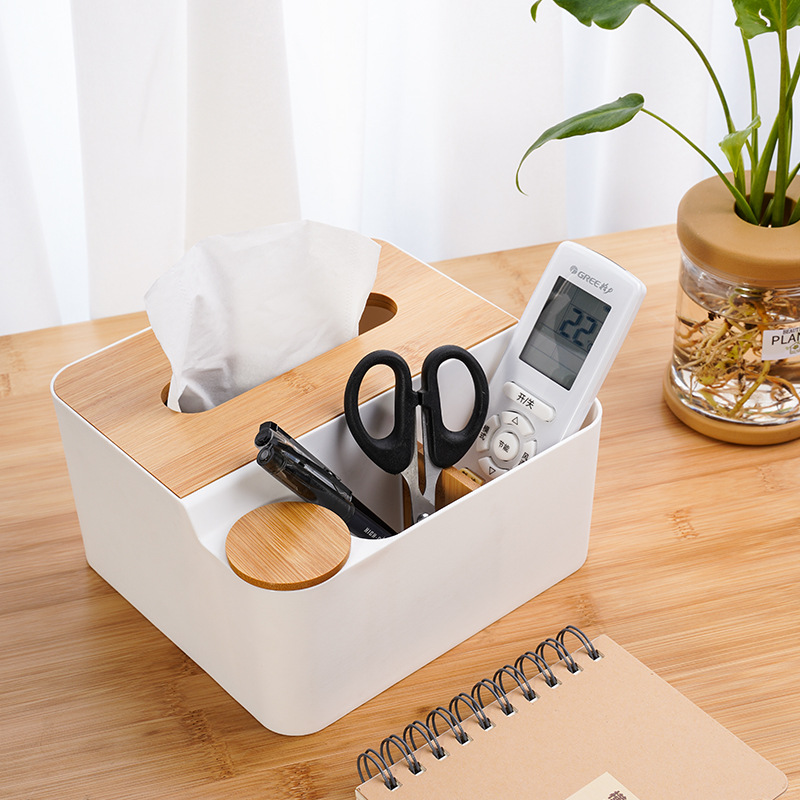 Multifunctional Wooden Desktop Tissue Box Household Living Room Plastic Remote Control Storage Box Simple Pumping Carton Logo details Picture