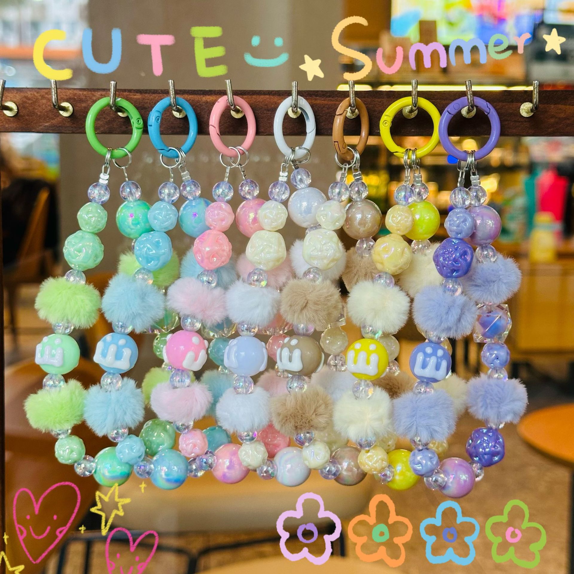 新款毛球串珠手机挂链毛球耳机包配饰钥匙扣包包挂饰直播同款挂链