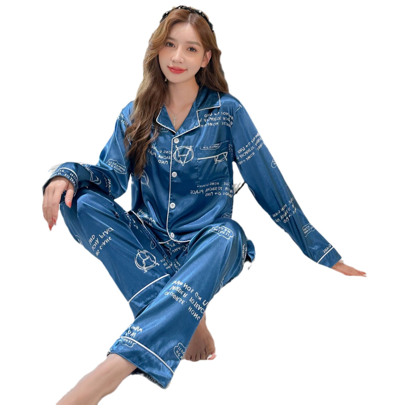 Factory foreign trade pajama women spring and autumn ice silk long sleeve pants summer ice silk simple fashion home wear set Item Picture