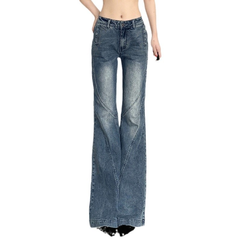 Street trend low-waist structured split washbasin flared jeans with women's pocket design, slimming and figure-hugging floor-length pants Item Picture