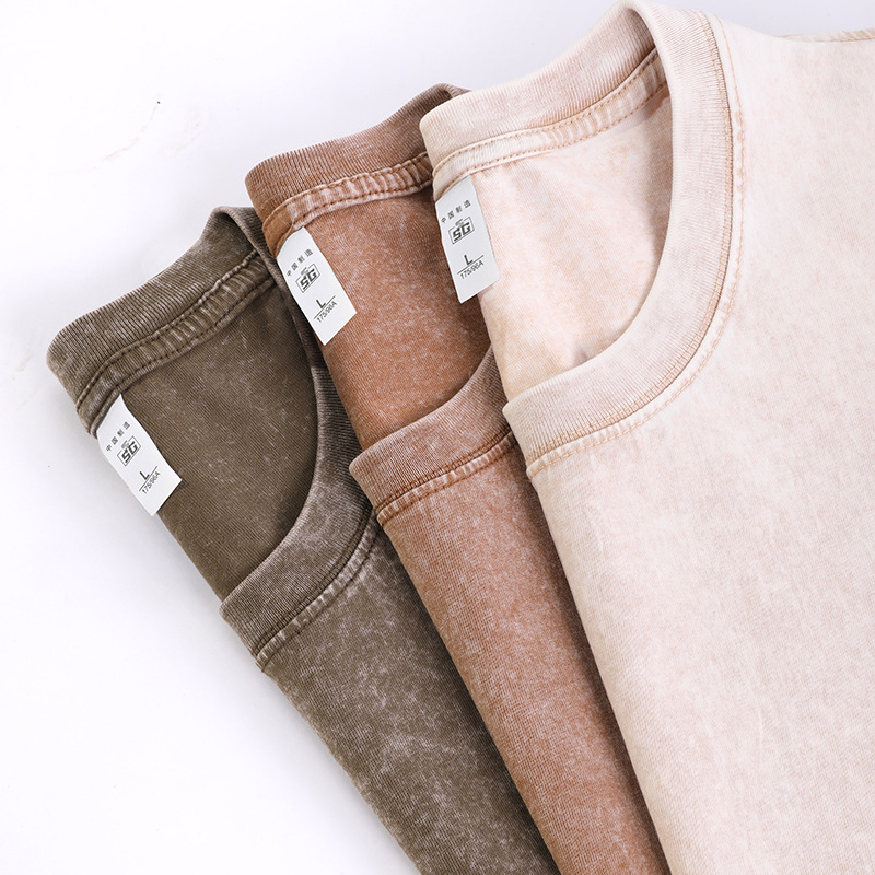 240-gram European-style washed and aged new fashion T-shirt for both men and women, new wholesale off-the-shoulder style, pure cotton solid color aged Item Picture