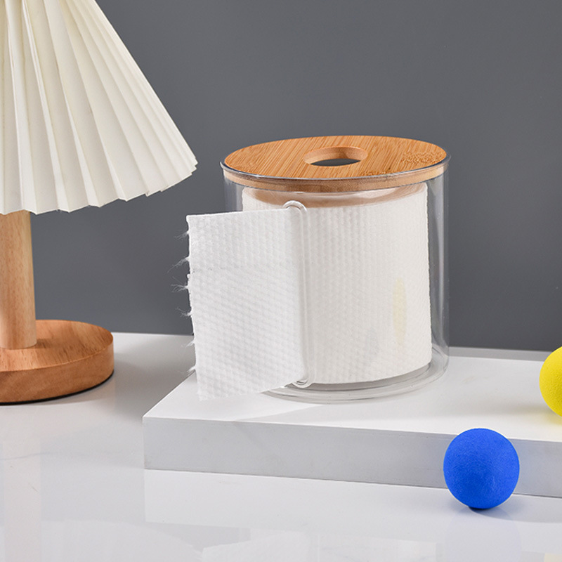 Creative circular plastic storage tissue box, household tissue box, bamboo and wood lid, hotel wall-mounted bathroom tissue rack details Picture