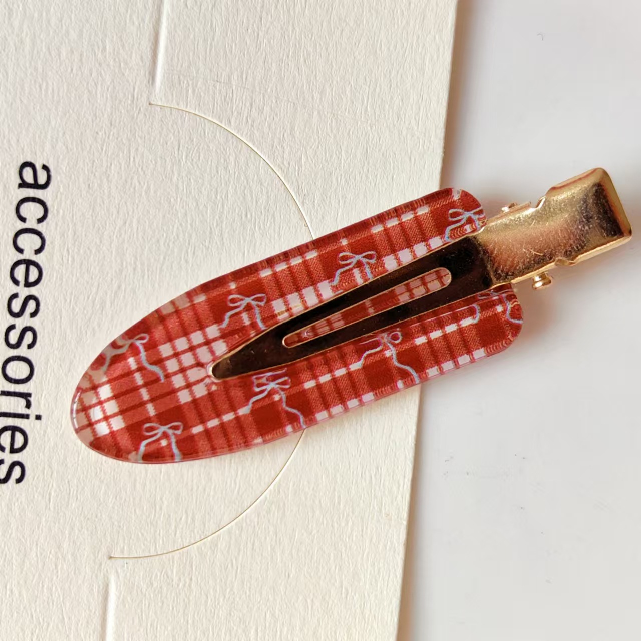 酒红蝴蝶结格纹醋酸无痕夹化妆夹圣诞新年气质刘海夹碎发夹头饰女详情12