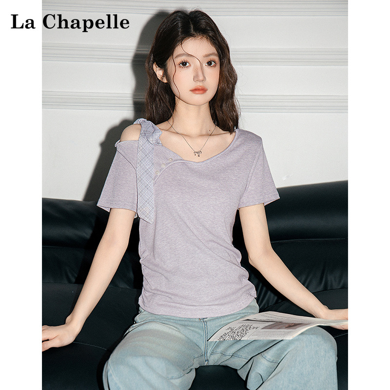 La Chapelle French lace-up irregular design short-sleeved T-shirt for women's spring and summer off-the-shoulder slimming short top Application Scenario