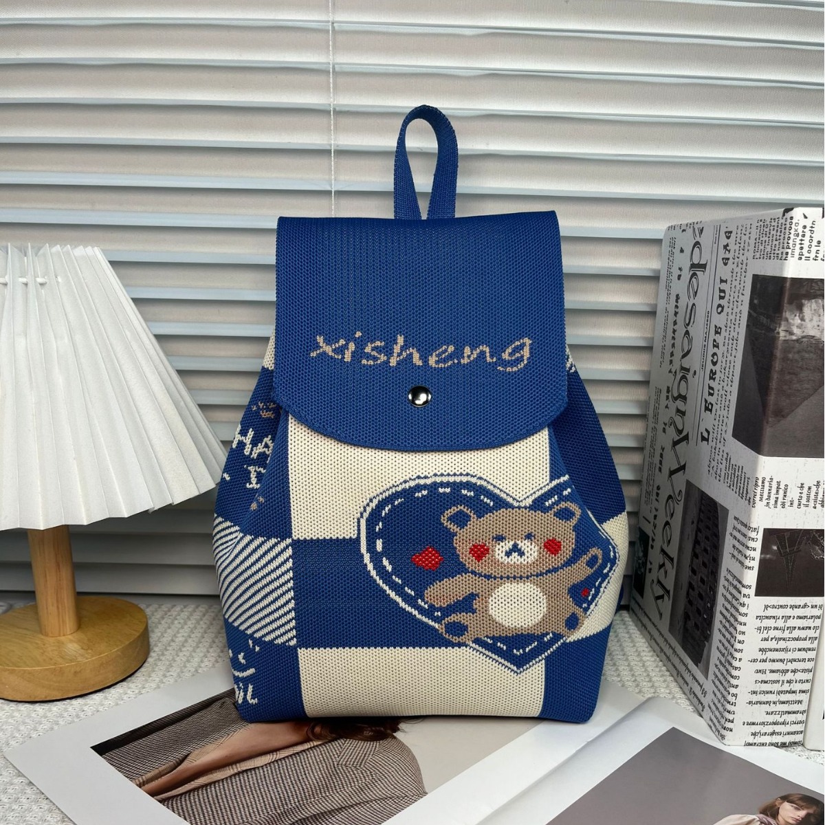 New Ins Network Red Portable All-In-One Knitted Drawstring Backpack Backpack Woven Korean Version Of Cute Niche Bag Specification drawing