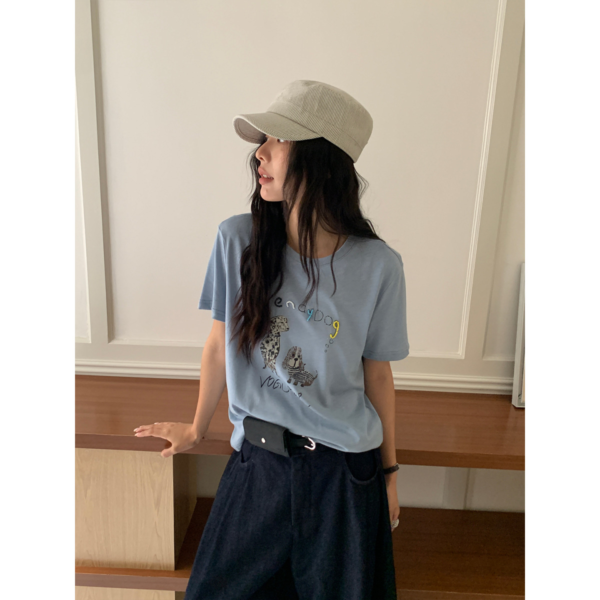 Retro and playful printed round-neck short-sleeved top, youthful and versatile cartoon T-shirt, commuting and casual summer ZA details Picture