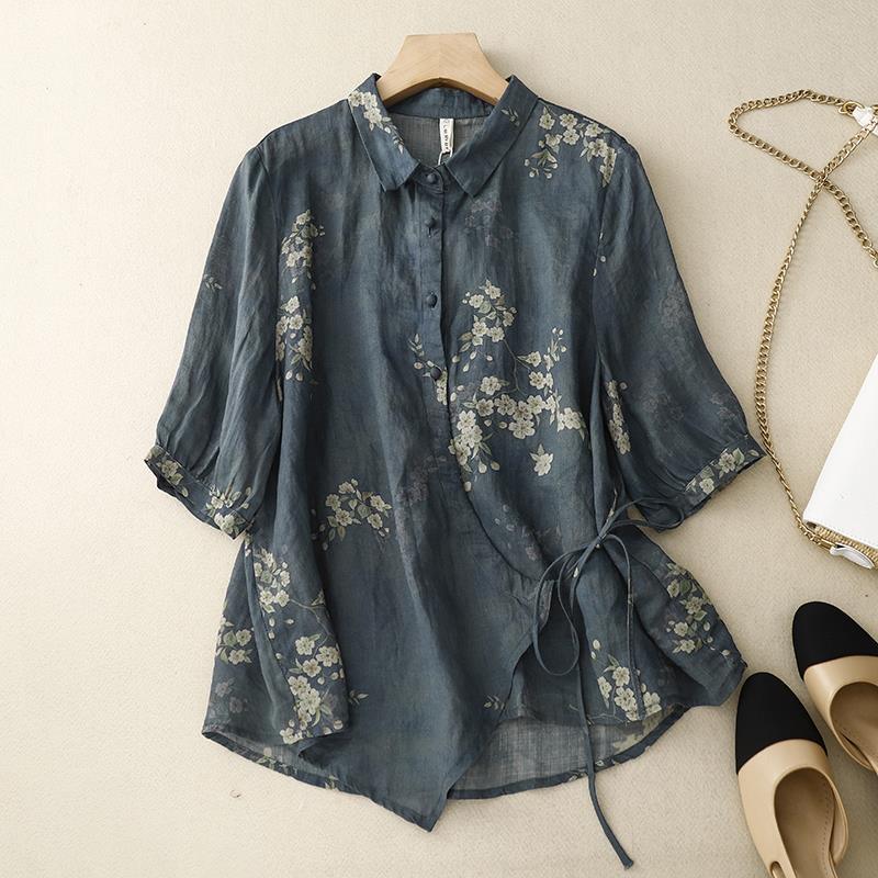 New summer 2023 Korean-style oversized oversized figure-concealing printed fashionable irregular cardigan, casual and elegant cotton and linen shirt for women