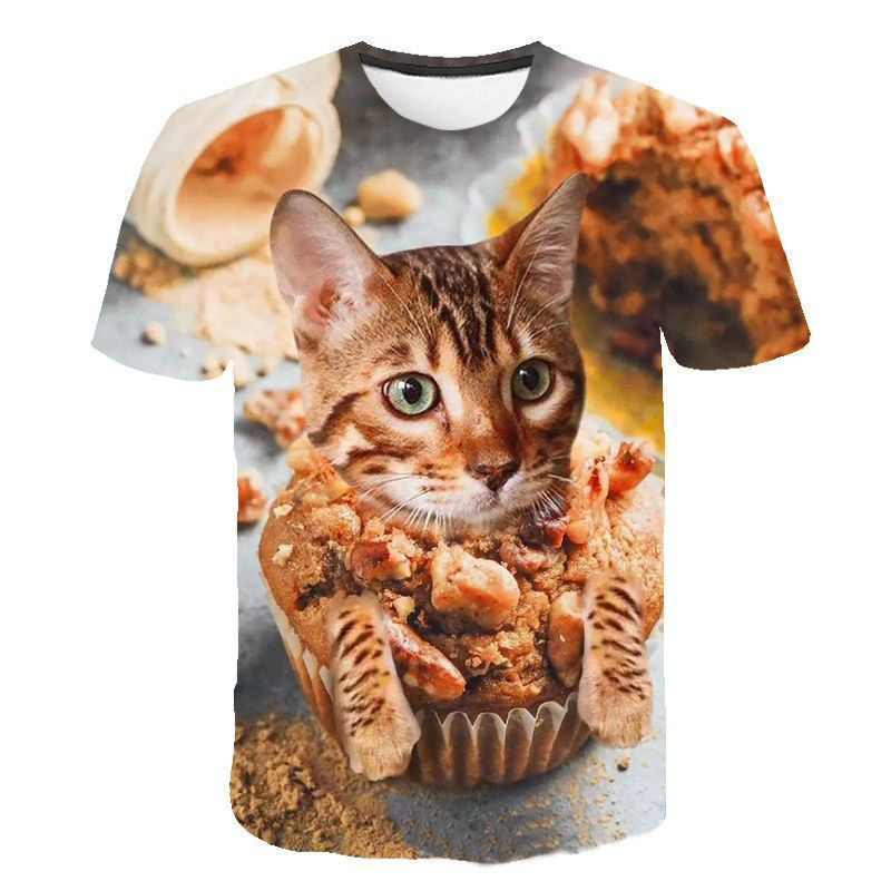 2024新款爆款时尚百搭潮流可爱猫咪男士童装T恤3D数码印花短袖上