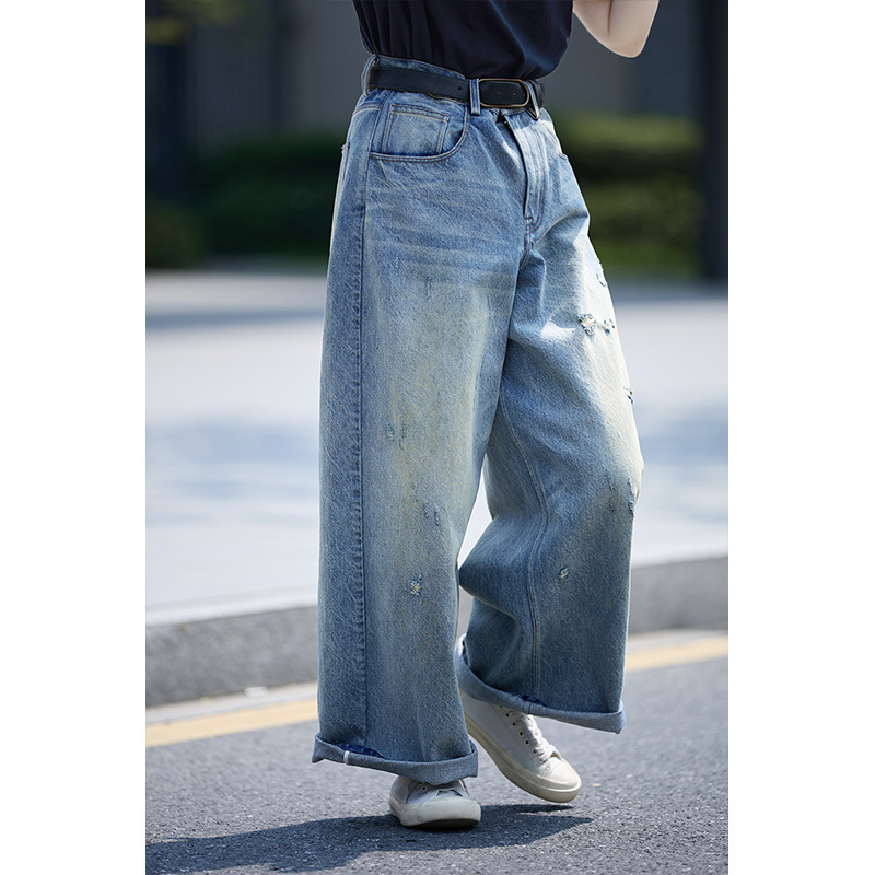 【 Random Thoughts 】 Summer Storm Ripped Heavy Washed jeans straight-leg pants for all four seasons details Picture