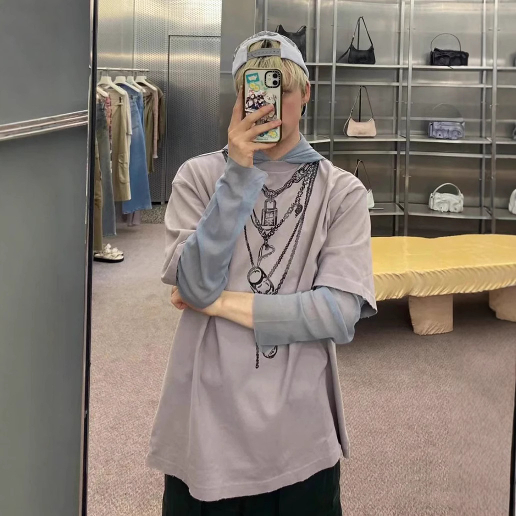 Nam oil25 cadena manga estampada malla medio a través de hacer viejo borde flojo falso dos piezas manga larga con capucha camiseta mujer Application Scenario