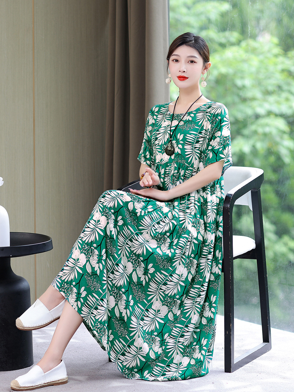 2024 New high-end floral cotton silk dress for women, summer style, mom's belly cover, plus-size dress, long dress