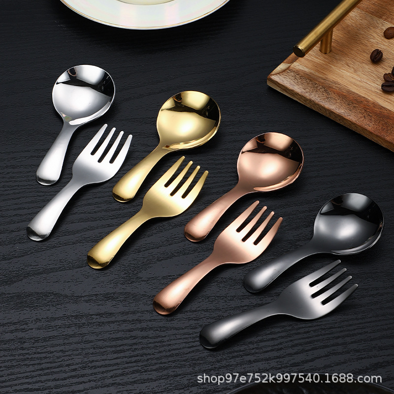 创意304不锈钢勺子短柄儿童勺叉宝宝吃饭训练喝汤网红雪糕小圆勺