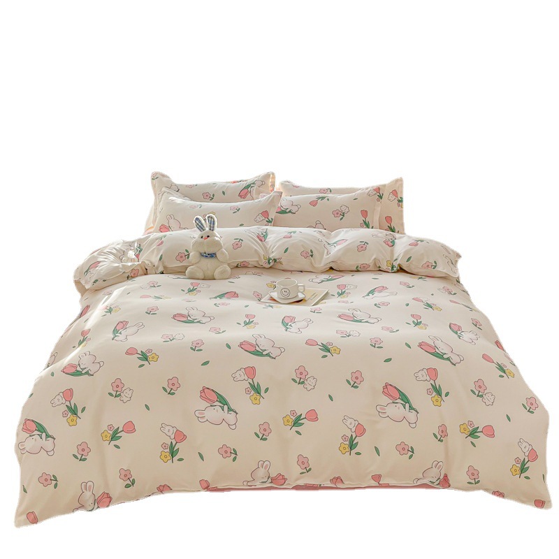 Wholesale of new washed cotton brushed four-piece set, thickened light and fresh pure cotton bed sheet and duvet cover three-piece set bedding Item Picture