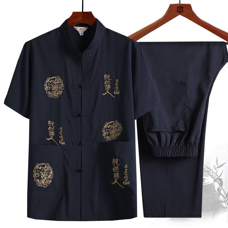 Summer sets for middle-aged and elderly people in Chinese fashion, Tang suits, men's short-sleeved shirts with embroidery, dad's Chinese-style casual morning exercises, grandpa's Hanfu details Picture