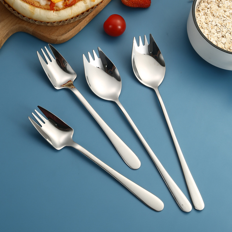 304不锈钢沙拉勺叉一体水果勺叉长柄公勺搅拌勺子家用两用匙羹