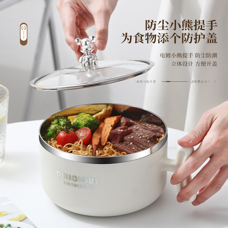 Noodle bowl 304 stainless steel noodle bowl rice bowl with lid Students round soup bowl lunch box Dormitory violent bear lunchbox 01216KT9103 Specification drawing