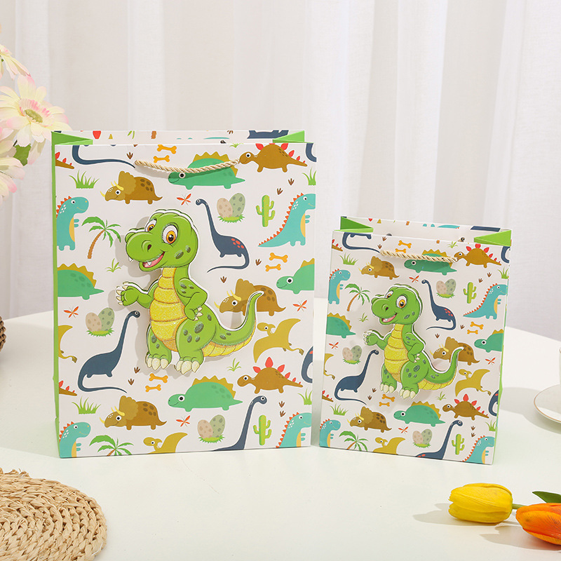 Cartoon cute dinosaur 3D patch powder gift bag, hand-held bag, gold-embossed powder paper bag, birthday return gift and souvenir Specification image