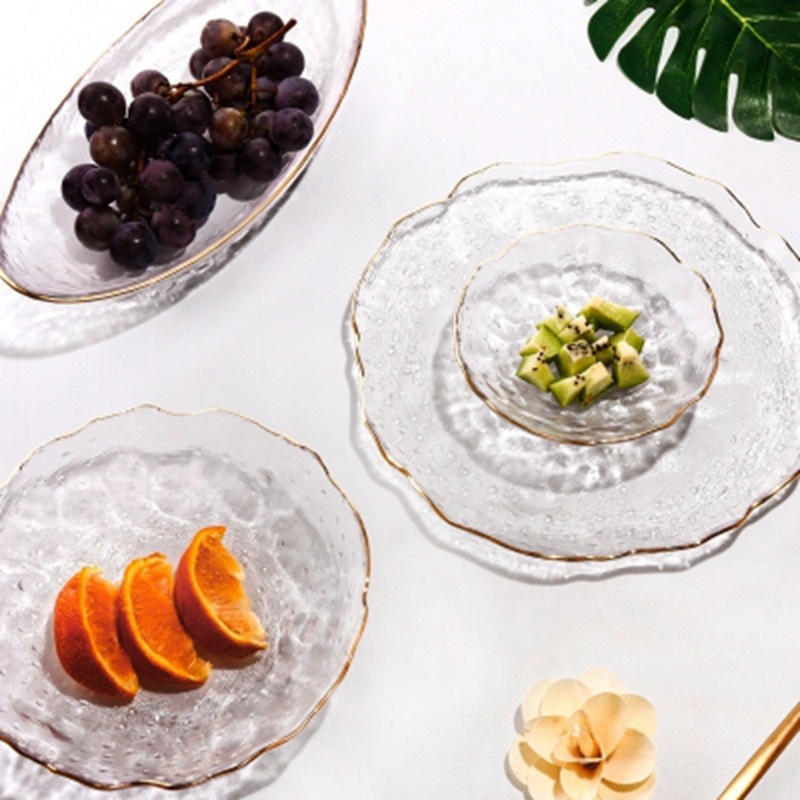 创意日式不规则锤纹玻璃盘金边手绘透明西餐盘水果盘子沙拉碗餐具详情图2