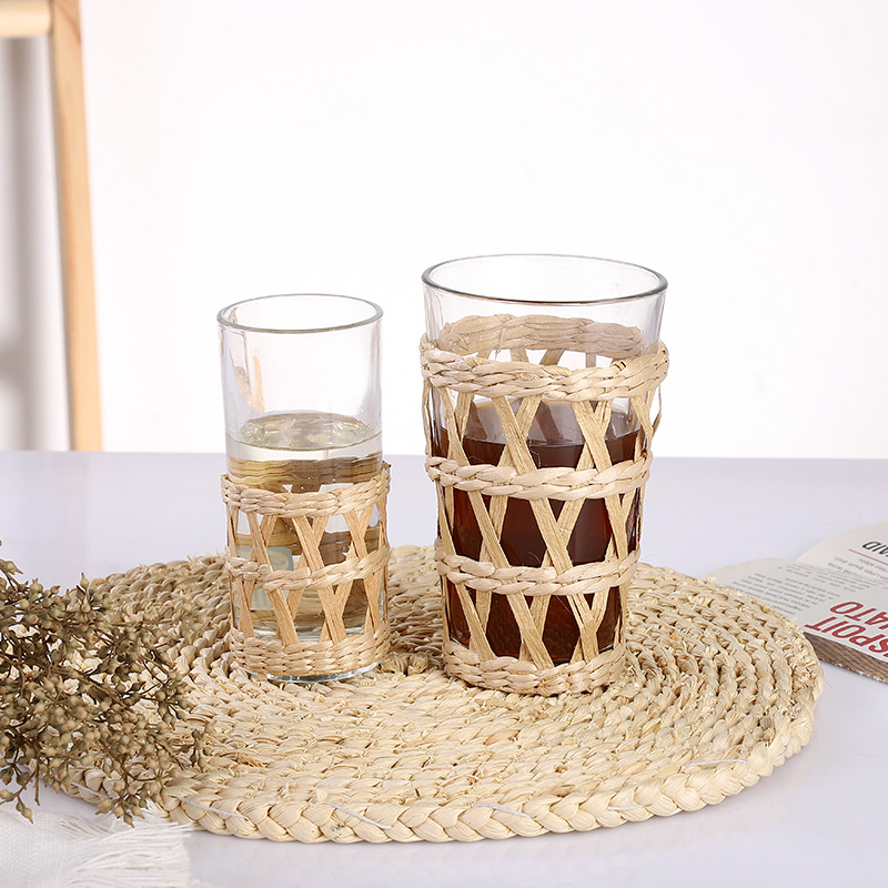 简约家居水杯纯手工编织韩式复古创意杯蒲草纸绳编织水壶玻璃水杯产品图