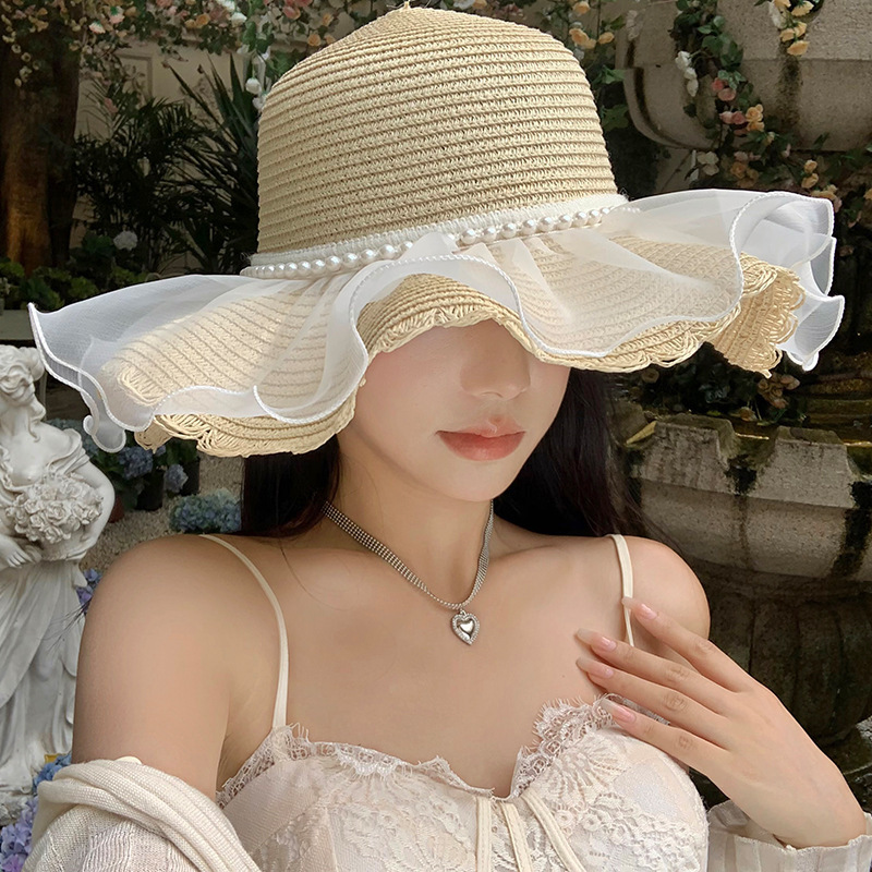 网红款蕾丝草帽女夏季大帽檐户外防紫外线草编遮阳帽海边沙滩帽子