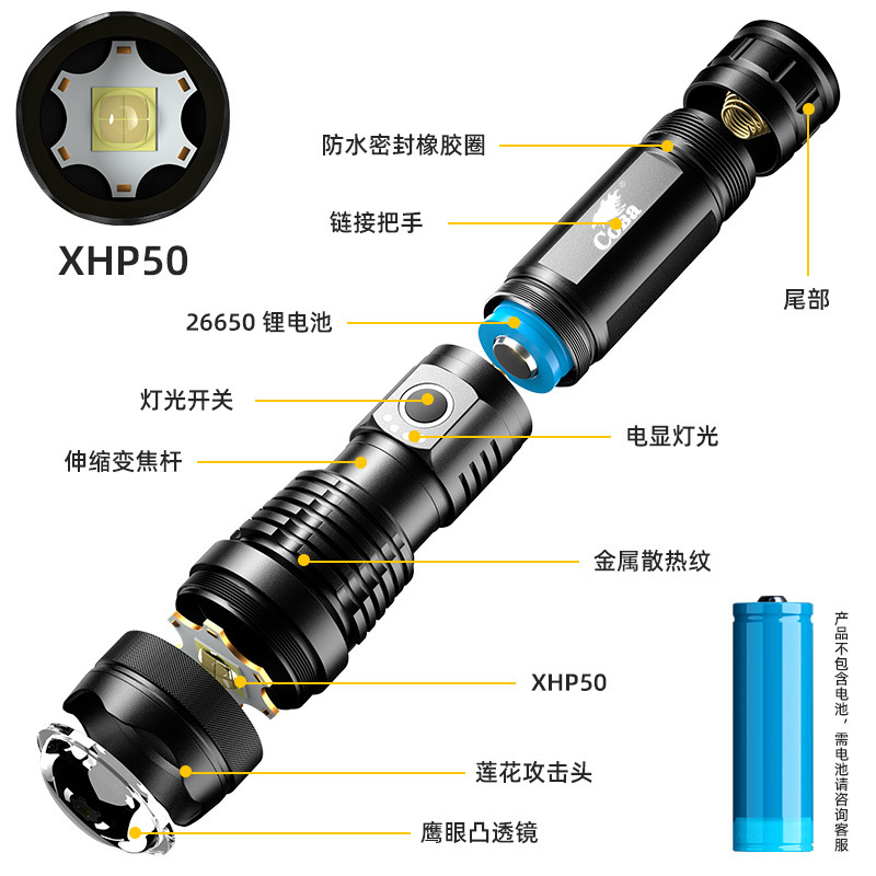 新款跨境伸缩手电筒XHP50铝合金 USB电量显示远射强光手电筒批发详情图3