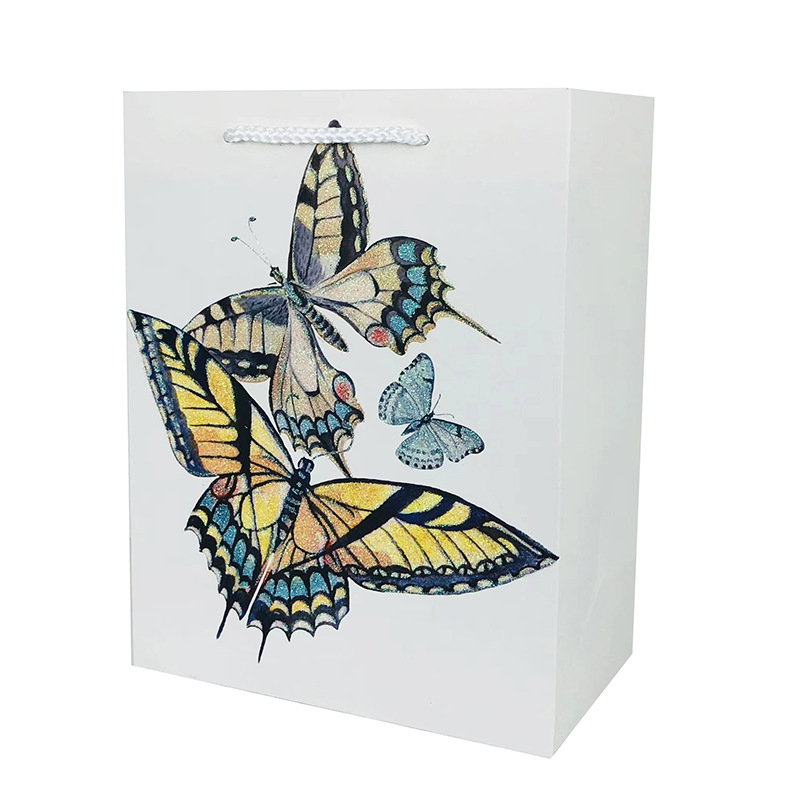 Best Packaging Stock 210G White Cardboard Glitter Butterfly Vertical Bag Tote Bag Gift Bag Shopping Bag Cross-Border Paper Bags details Picture