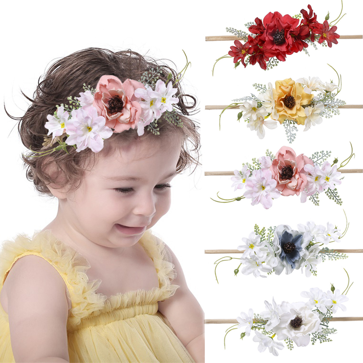 New cross-border children's flower headband, high-elasticity nylon baby photo props, fashionable and realistic flower cute headband full figure