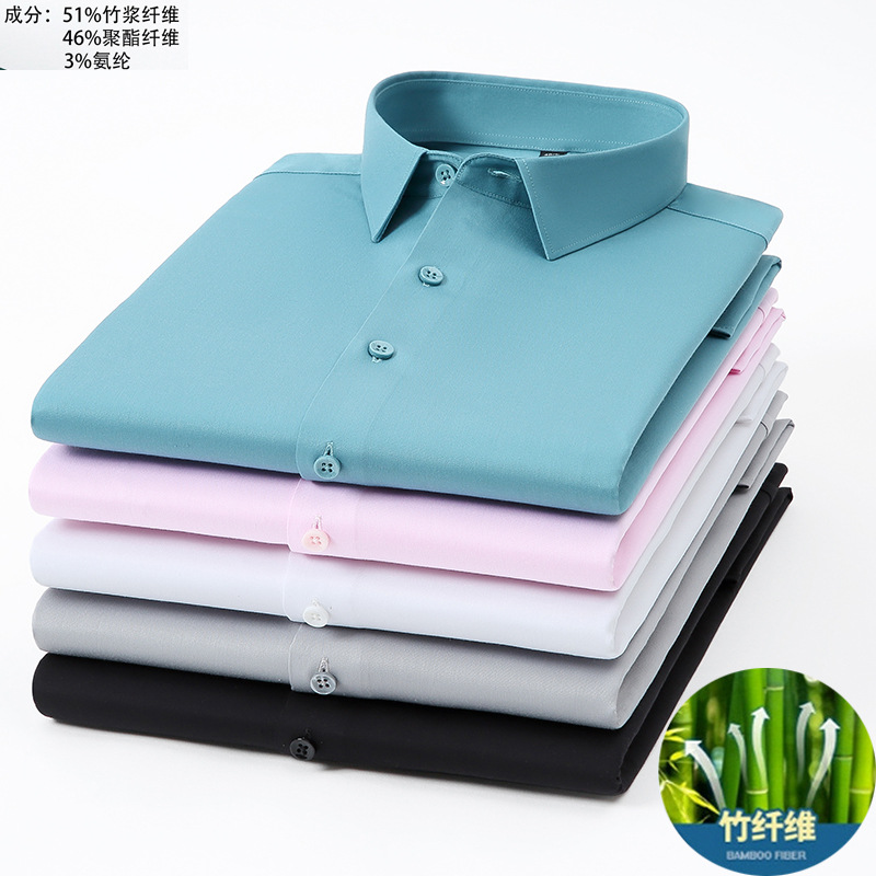 High-end bamboo fiber elastic non-ironing shirt for men, long-sleeved white color, cross-border trade men's shirt details Picture